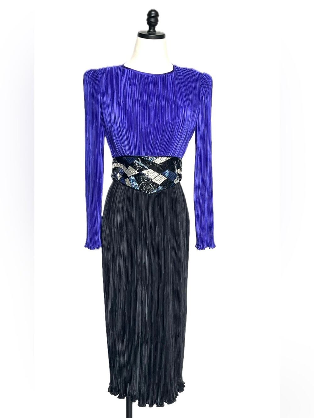 Vintage 80s Purple and Black Long Sleeve Pleated Formal Dress Beaded Waist Small